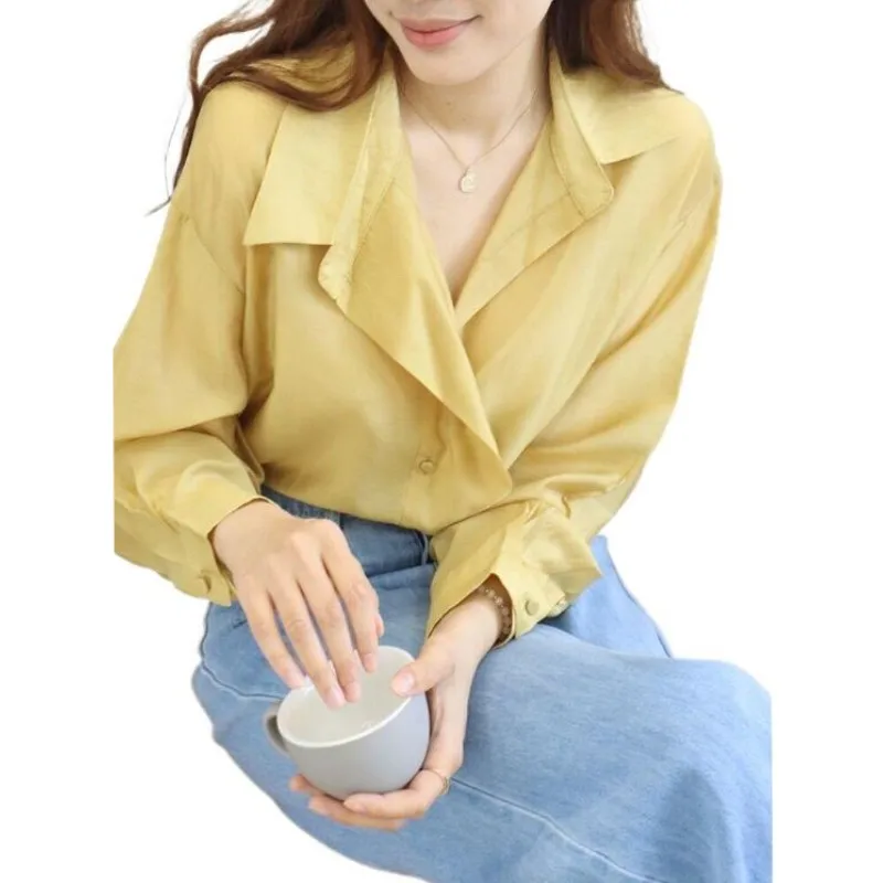 2023 Spring/Summer New Hong Kong Style Vintage Artificial Silk Tops Fashion Elegant Lyocell Shirt office lady blouse 2XL