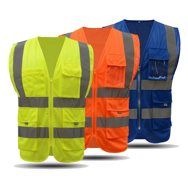 

Hi Vis Fluorescent Yellow Safety Vest With Customized Logo Construction Vest Reflective With Pockets And Zipper For Men Workwear