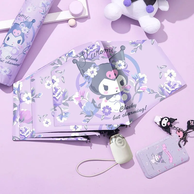 Фото Мини-складной зонт Sanrio Kuromi с принтом, ветрозащитный, милый, для хранения, подарок для девочек, для дождливых дней, портативный, двойного назначения, Y2K, в наличии №3