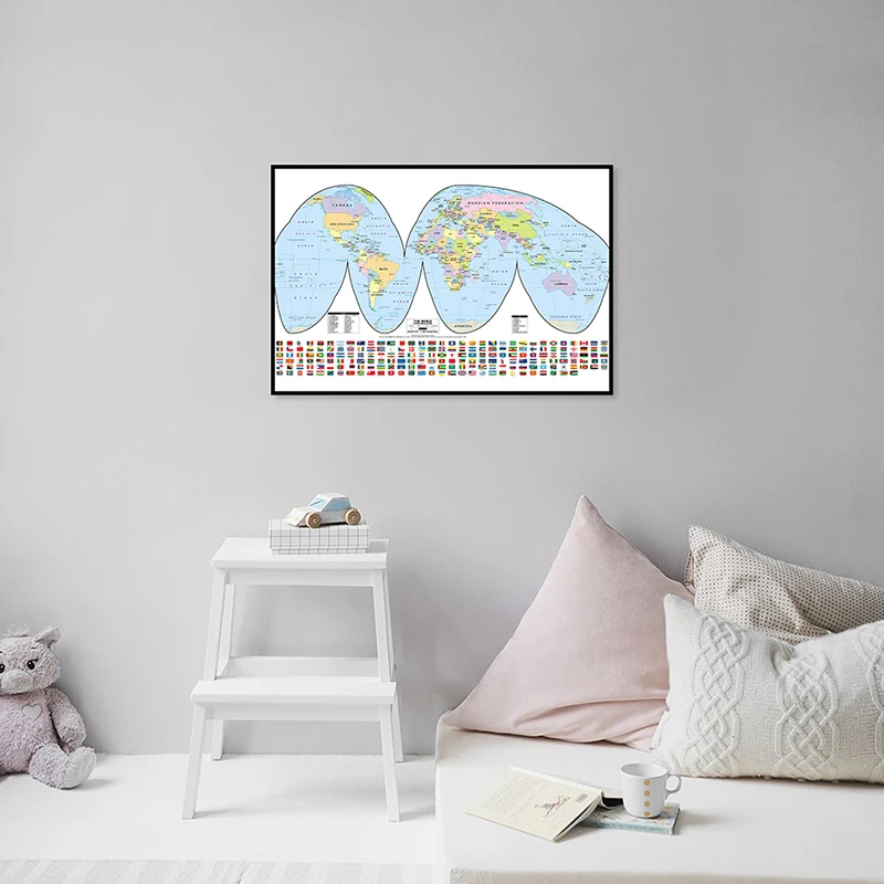 

59*42cm The World Map with National Flags Decorative Canvas Painting Wall Art Poster and Prints Home Decoration Travel Supplies