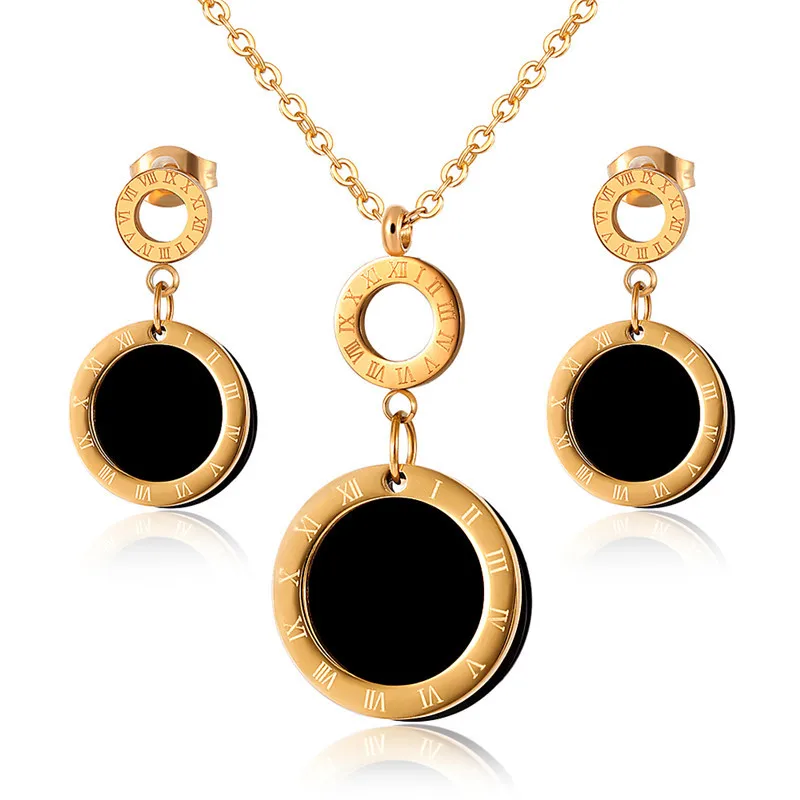

G&D Luxury Vintage Trendy Titanium Steel Round Roman Numerals 2022 Trend Pendant Necklace/Earrings Set For Women Jewelry Gift