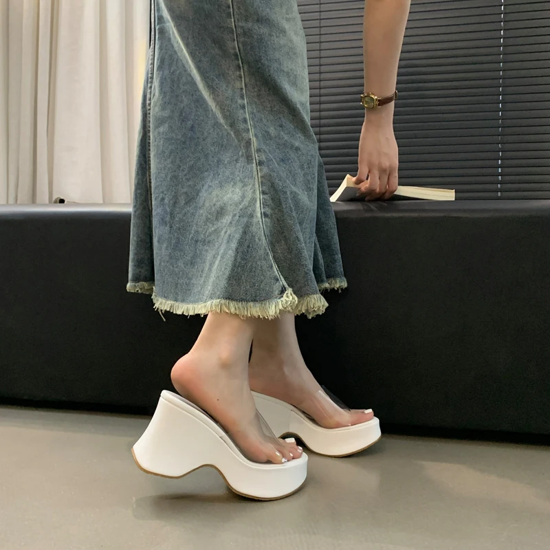 Сандалии женские на танкетке прозрачные туфли из ПВХ высокий каблук