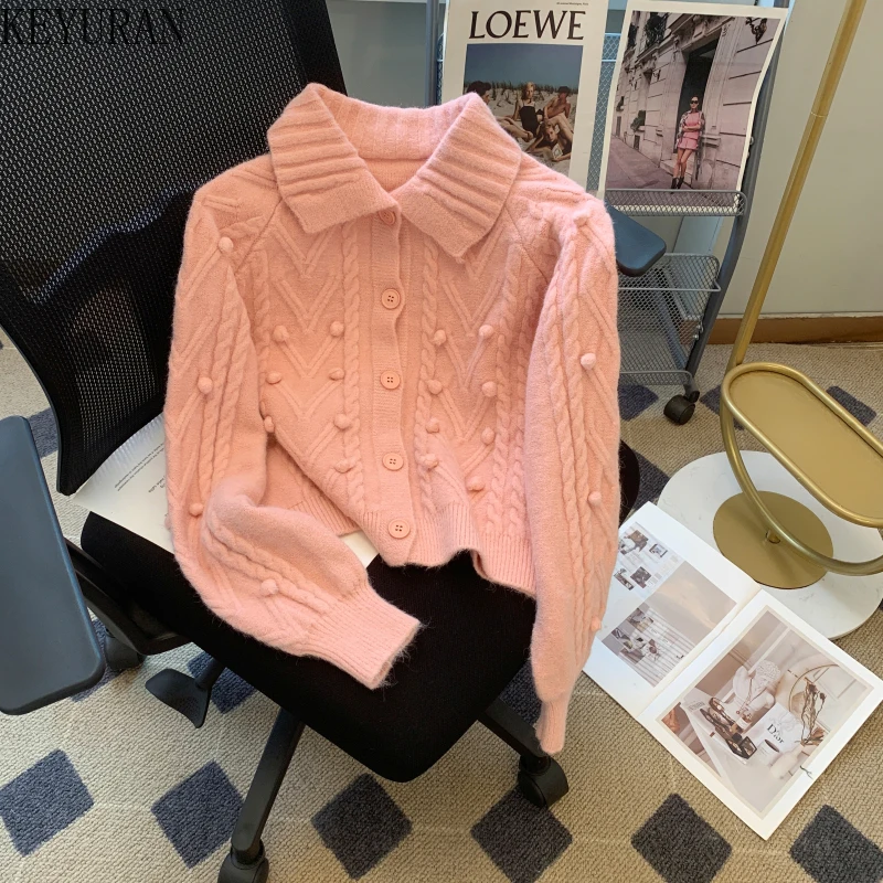 

Sweet Sweater Knitted Cardigan Coat Women 2023 Autumn Winter Laple Long Sleeve Single Breasted Knitwear Crop Tops Female Jumper