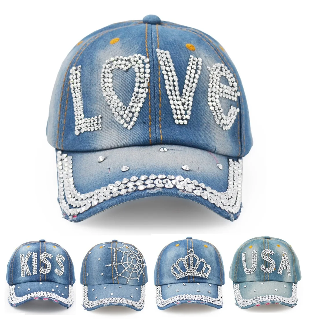 

Women''s Distressed Denim Baseball Cap with ''Love'' \USA\ Diamante Embellishment