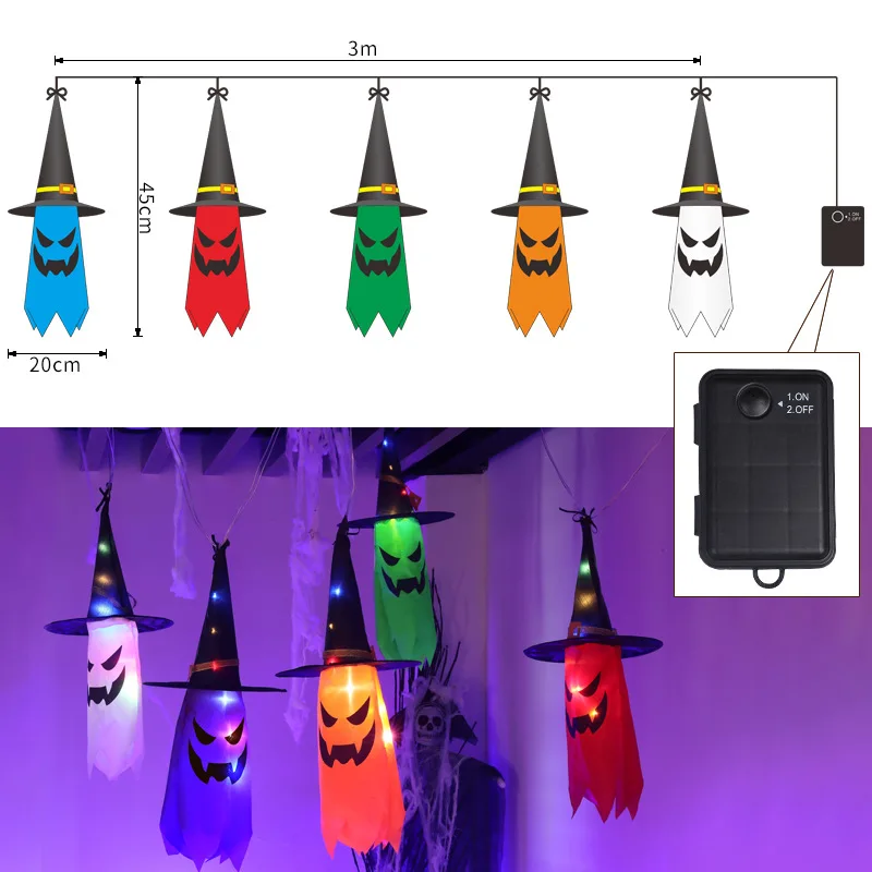 

5Pcs Halloween LED String Light Hanging Ghost Dress Up Glowing Wizard Hat Lamp Horror Props Outdoor Halloween Party Decoration