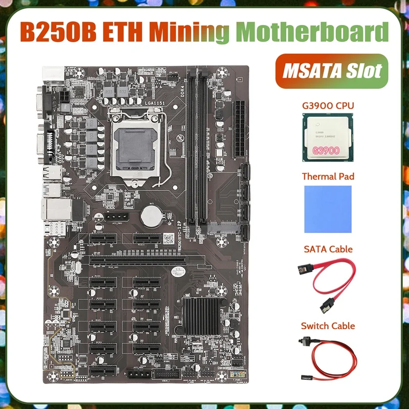 

Материнская плата B250B ETH для майнинга + процессор G3900 + термоподушка + кабель переключения + кабель SATA LGA1151 DDR4 12 слотов для карт MSATA для майнинга ...