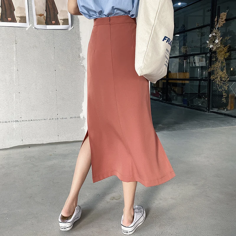 

Women Autumn Drape Skirt High Waist Spring Female New Fashion Korean Side Slit Solid Color A-Line Midi Long Skirts Streetwear