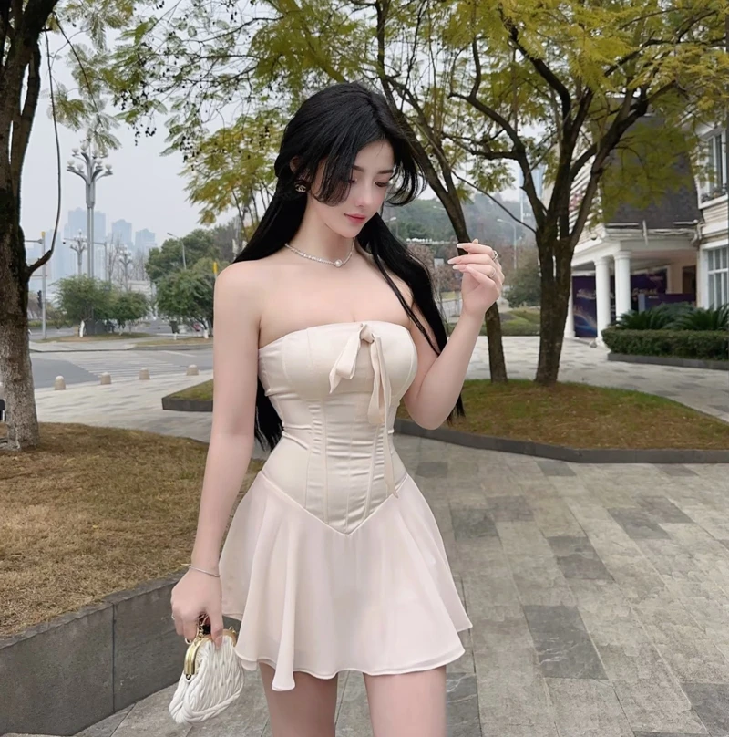 

White Satin Party Dress Women Elegant Sheath Fishbone Waist Summer Short Dress One Piece Strappy Ruffle Chiffon A-line Dress