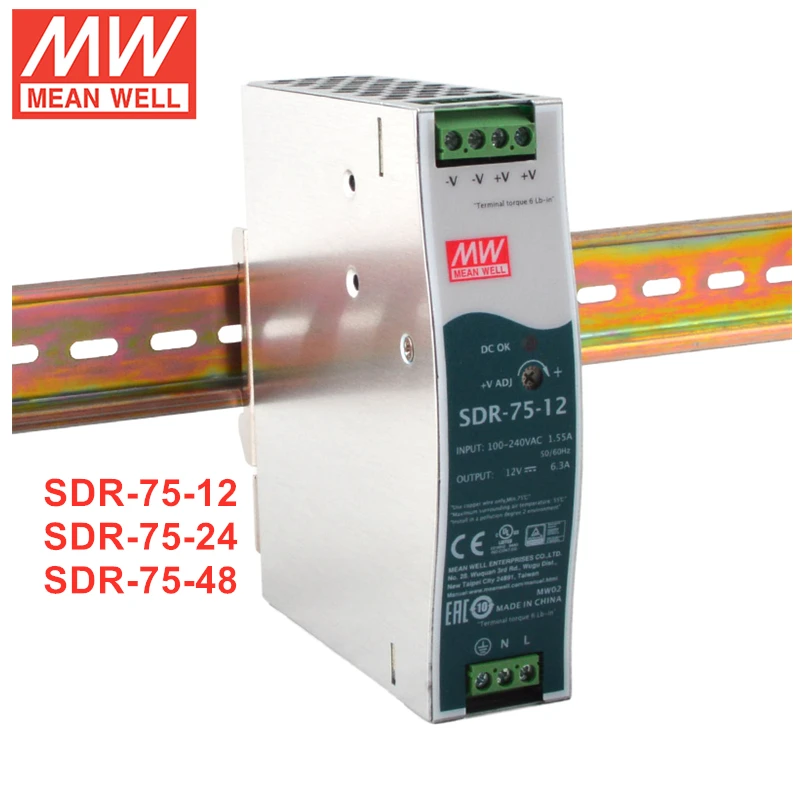 MEAN WELL SDR-75 Series 75W, единичный Промышленный источник питания на DIN-рейке, SDR-75-12 SDR-75-24 SDR-75-48