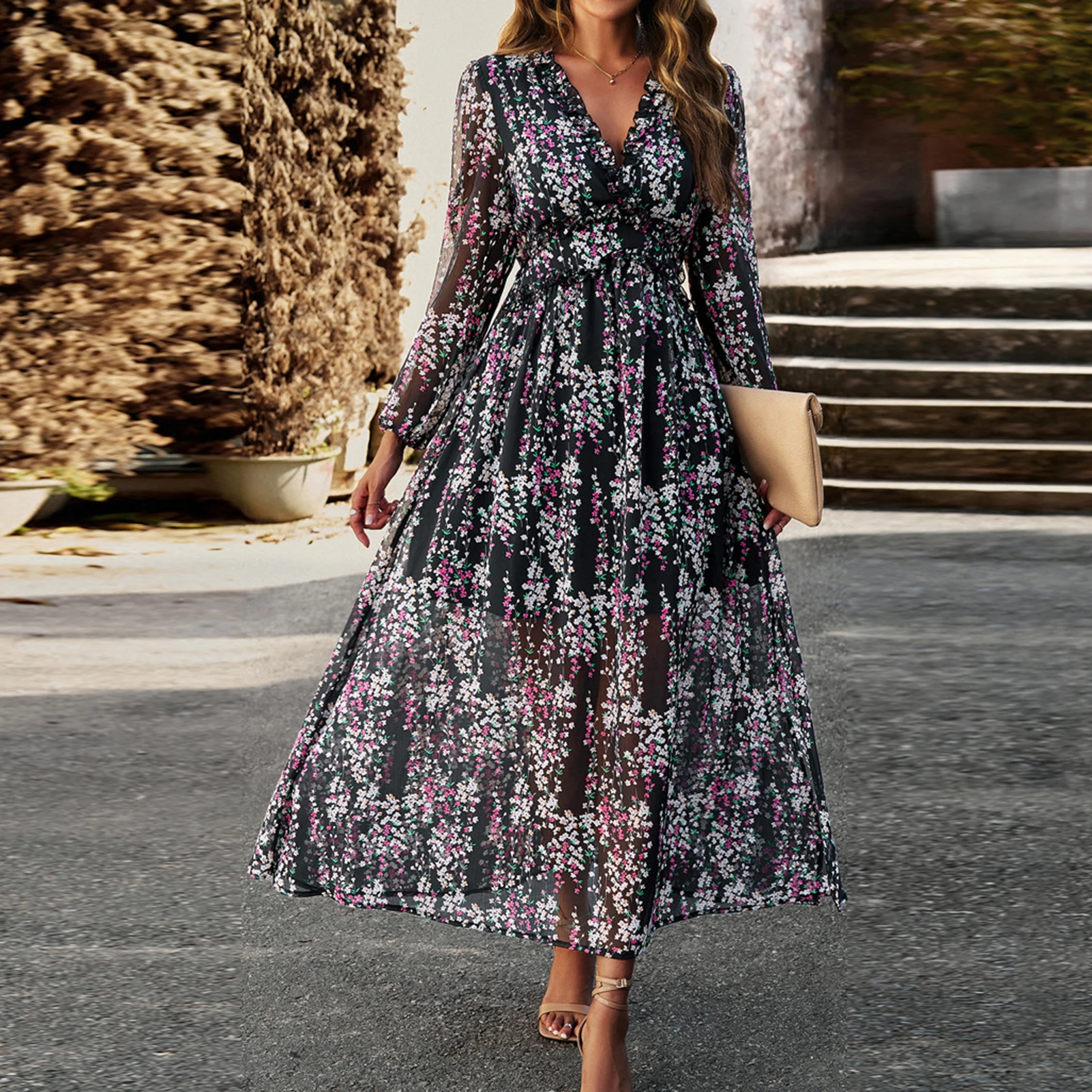 

Женское Плиссированное Платье с V-образным вырезом, облегающее шифоновое элегантное платье с оборками, шикарный пуловер с цветочным принтом, длинное платье для отпуска