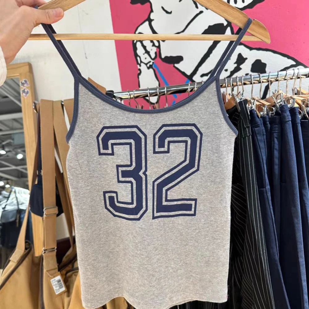 Серый тонкий укороченный топ с принтом 32 женский летний винтажный без рукавов на