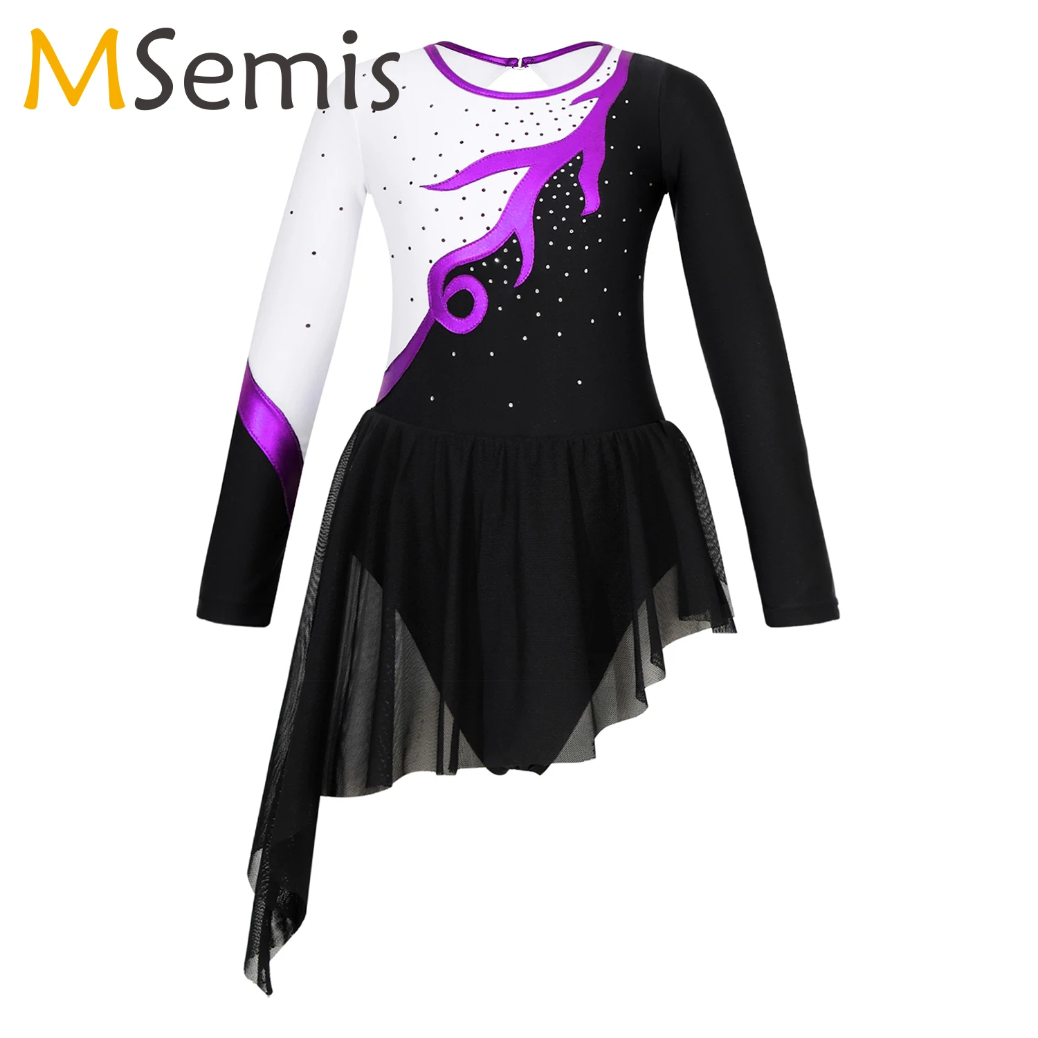 

Kids Girls Tutu Ballet Gymnastics Dance Leotard Dress Childs Long Sleeve Shiny Rhinestone Figure Ice Skating Competition Dress