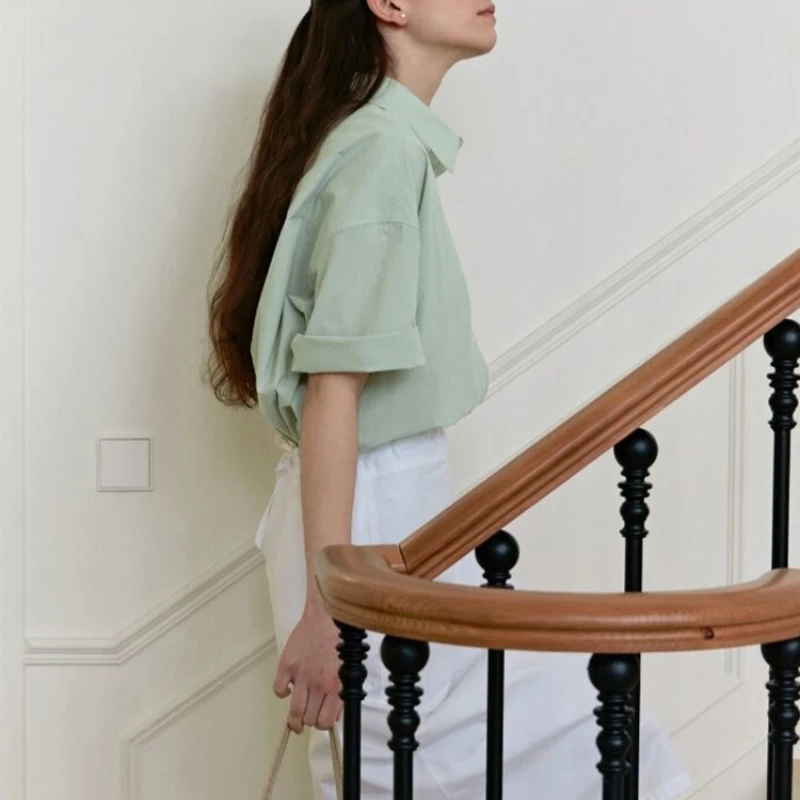 Женская рубашка из 100% хлопка с коротким рукавом летняя новая однотонная