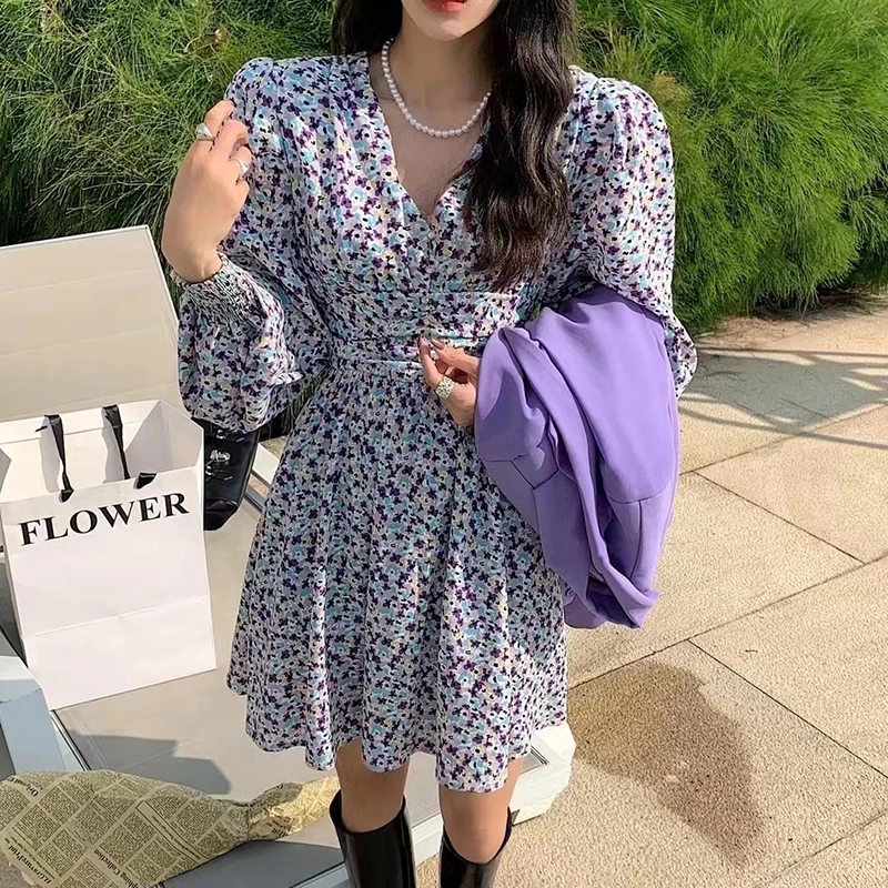 

Women's Summer Dress 2022 New Floral Print Long Sleeve Puff Sleeve High Waist V-Neck Lavender Dresses Dropshipping
