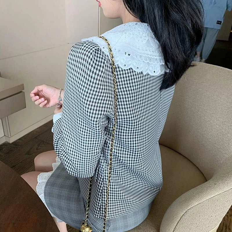Women Lace Peter Pan Collar Plaid Short Blazers Slim Single Button Lolita Style Chic Suit 2021 New Fashion Spring Autumn Blazer