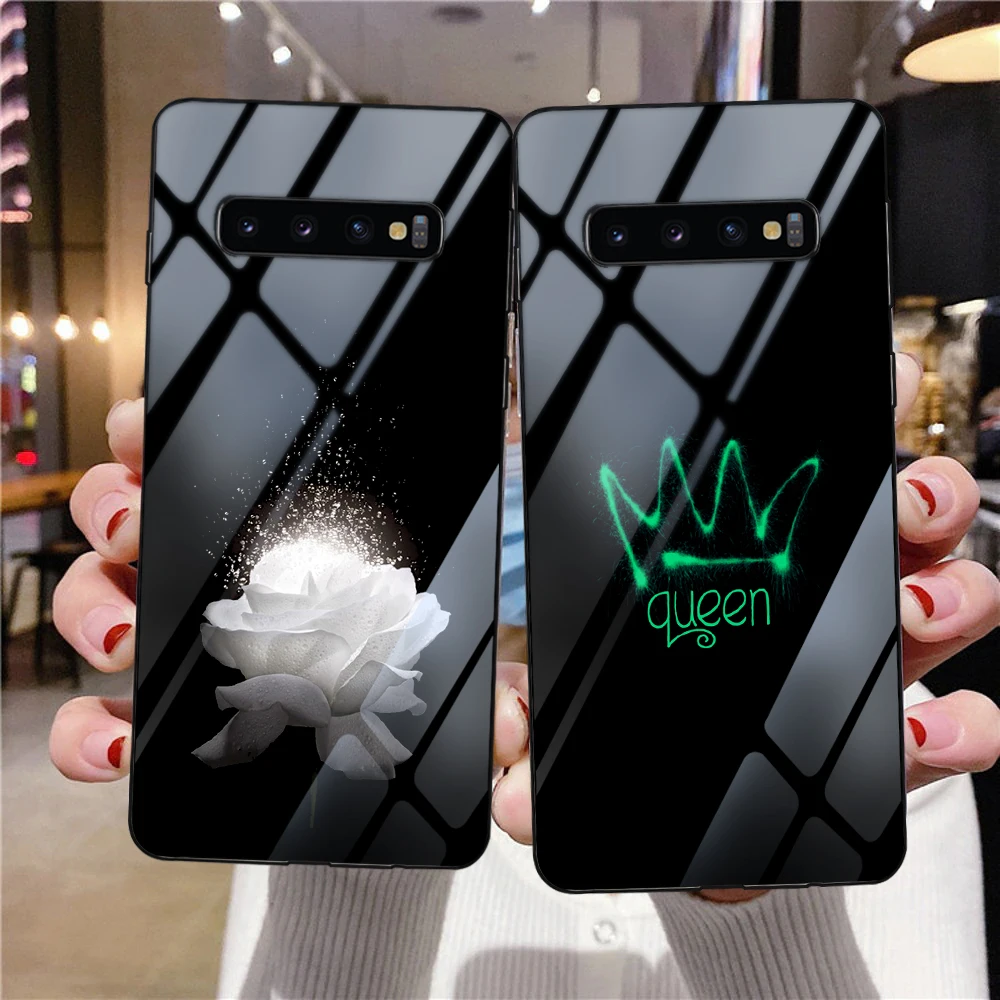 

Queen Crown Luminous Tempered Glass Phone Case for Samsung A51 S21 S10 Plus A53 A70 S9 A03 S21Ultra S22Ultra Flower Back Cover