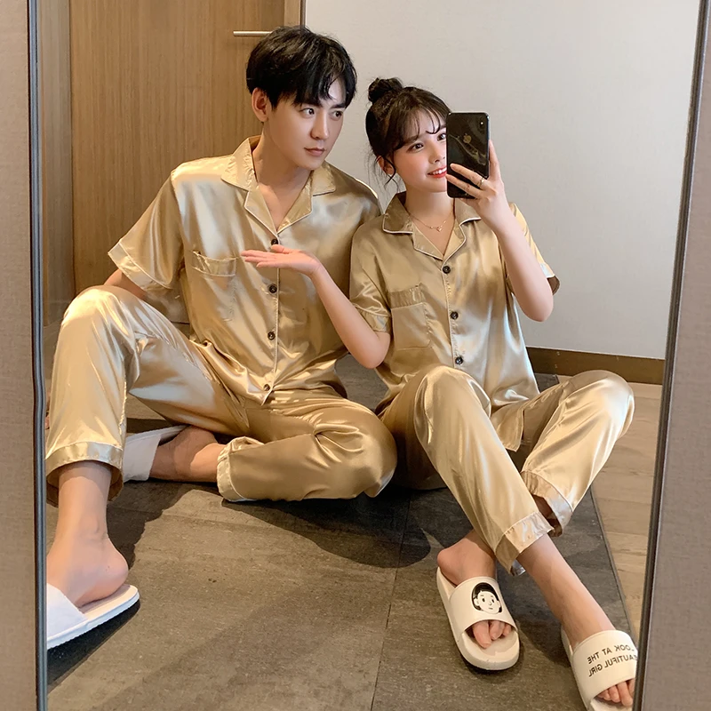 CAIYIER Spring Summer Couple Pajamas Set Cardigan Short Sleeve Trousers Sleepwear Women & Men Nightwear Solid Color Loungewear