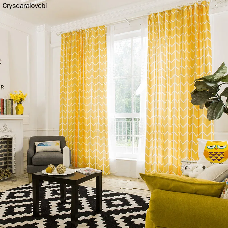 

Geometic Bright Yellow Curtain with Stripes for Living Room Cotton Linen Modern Curtains for Bedroom Window treatment