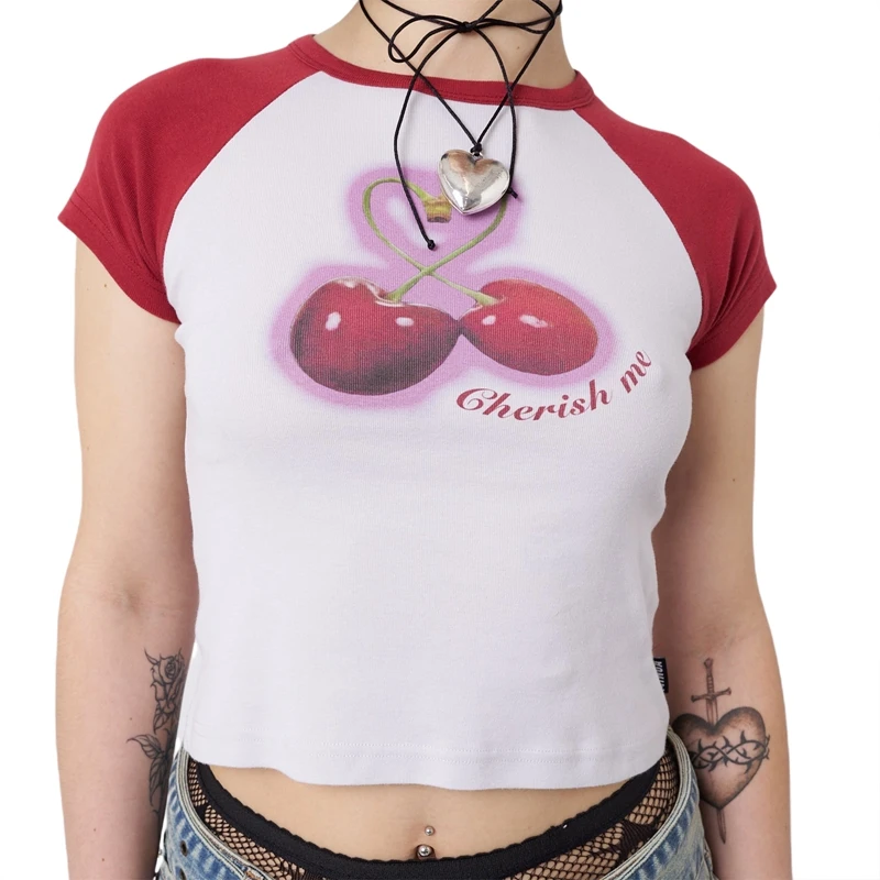 

E-girl Gothic Grunge Kawaii T-shirt Summer Contrast Short Sleeves Crop Tops Graphic Print Slim Fit Tees Korean Harajuku Clothes