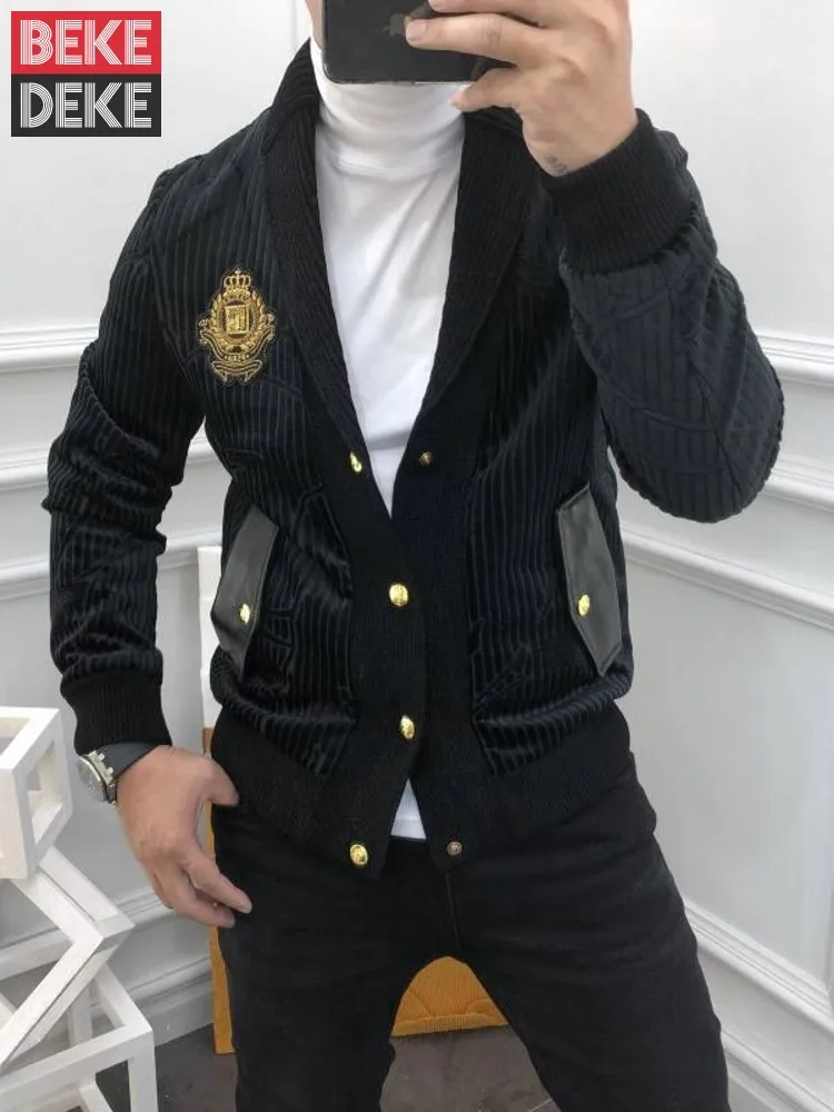

High Quality Casual V-Neck Jackets Men Embroidery Single Breasted Corduroy Jacket Spring Autumn Slim Fit Outerwear M-3XL