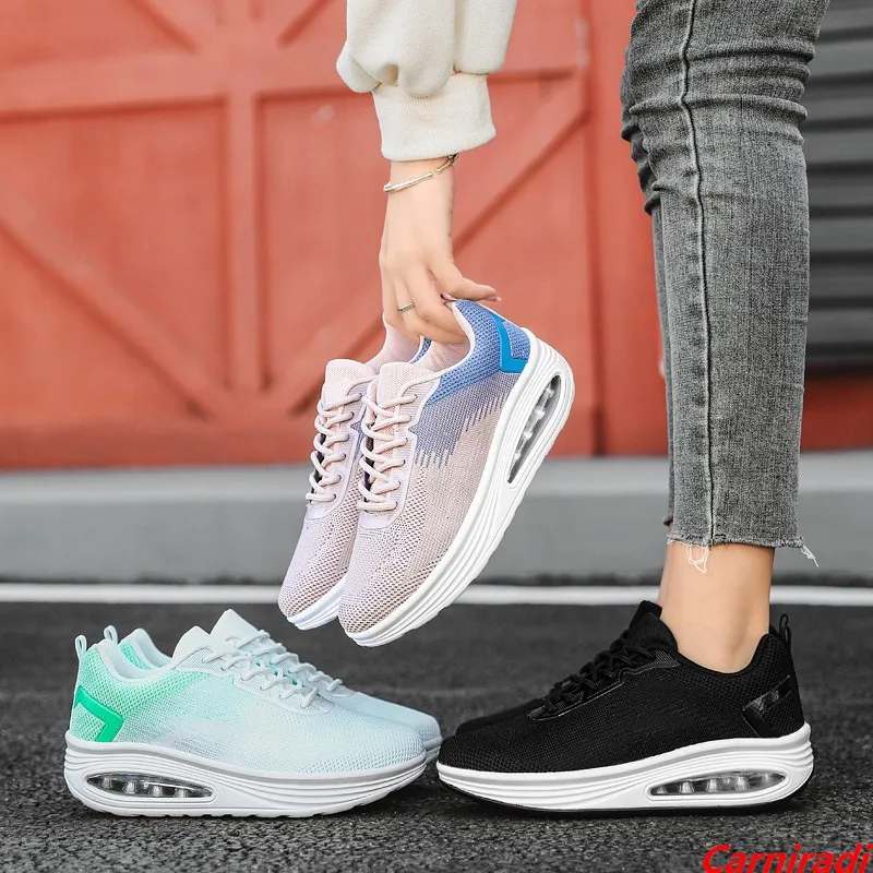 

Women Plattorm Cushioning Basket Breathable Running Shoes Ladies Flying Weave Casual Sneakers Non-slip Flat Sports Jogging Shoes