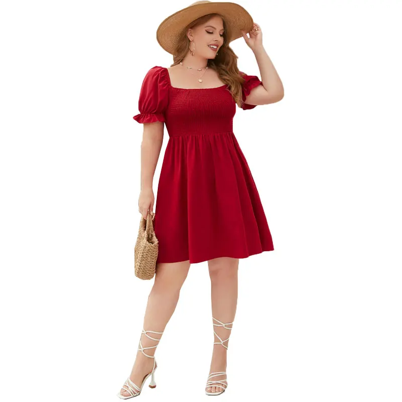 Plus Size Summer Dresses 3XL 4XL Women Clothing Elegant Square Collar Solid Puff Sleeve Short Beach Party Dresses for Women 2023