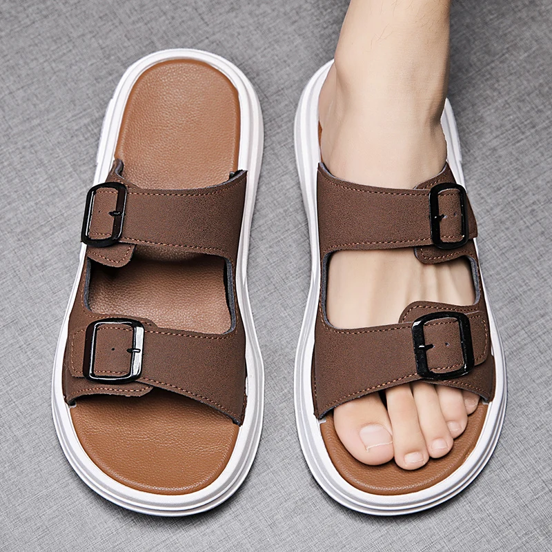 

2023 New Summer Men's Soft Soles Slippers Suede Leather Slippers Man Indoor and Outdoor Two Buckle Beach Slides Footwear for Men