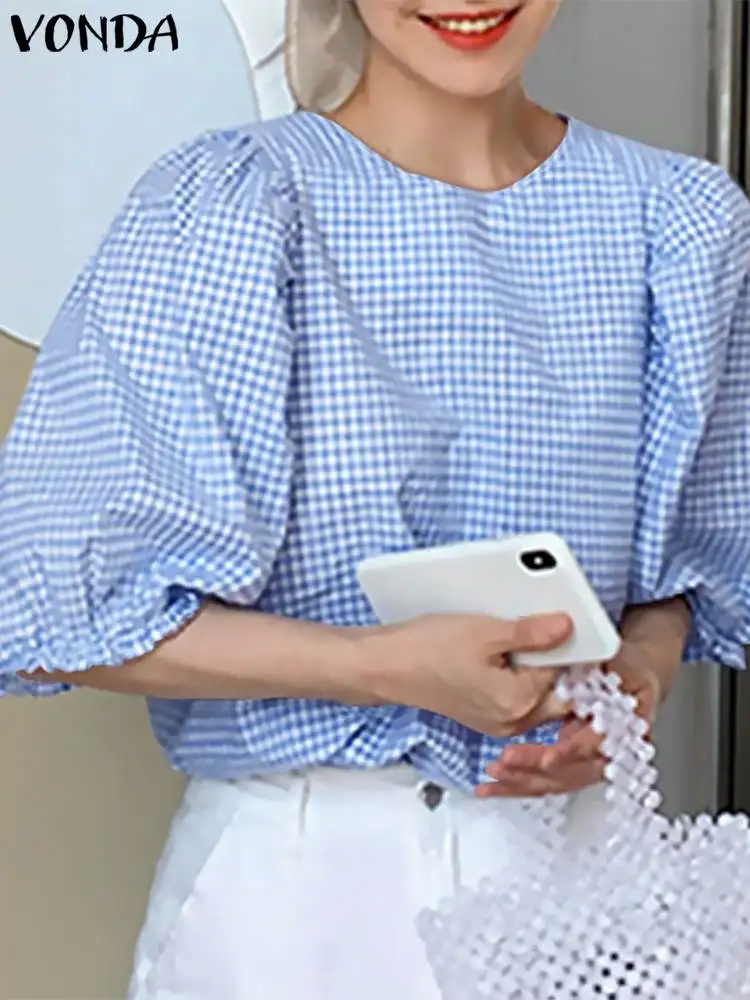 

2022 VONDA Women Summer Tunic Tops Half Puff Sleeve Summer Blouse Vintage Plaid Shirt O Neck Fashion Casual Loose Checked Blusas