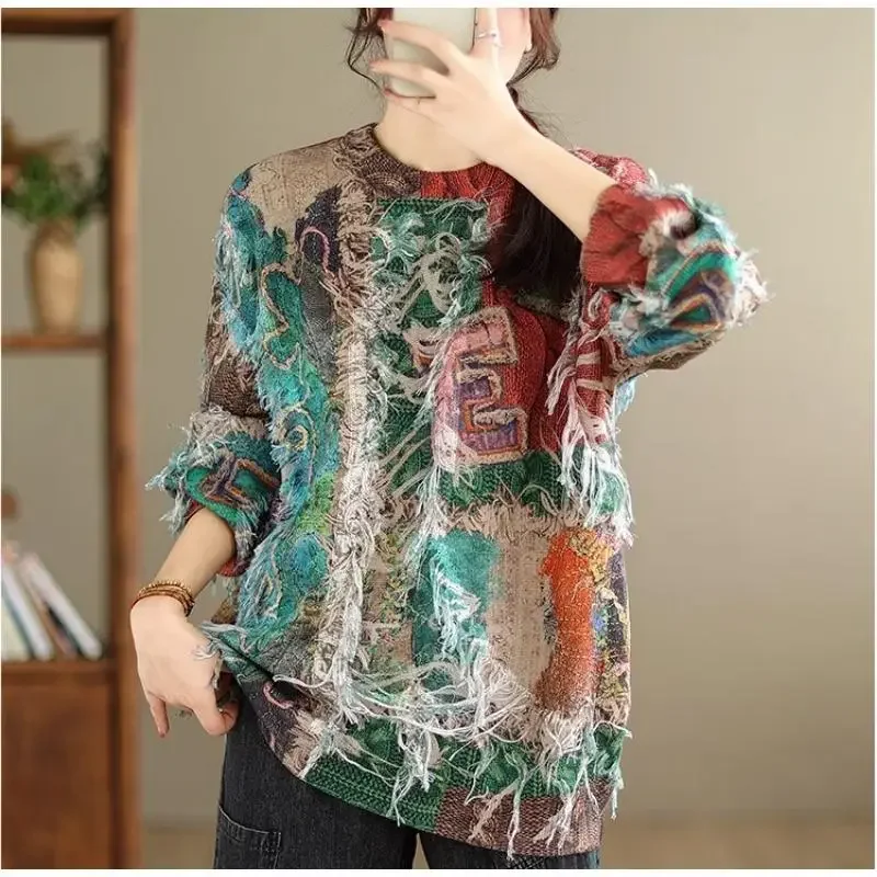 Женский свитер с бахромой Dimanaf свободный трикотажный пуловер цветочным принтом