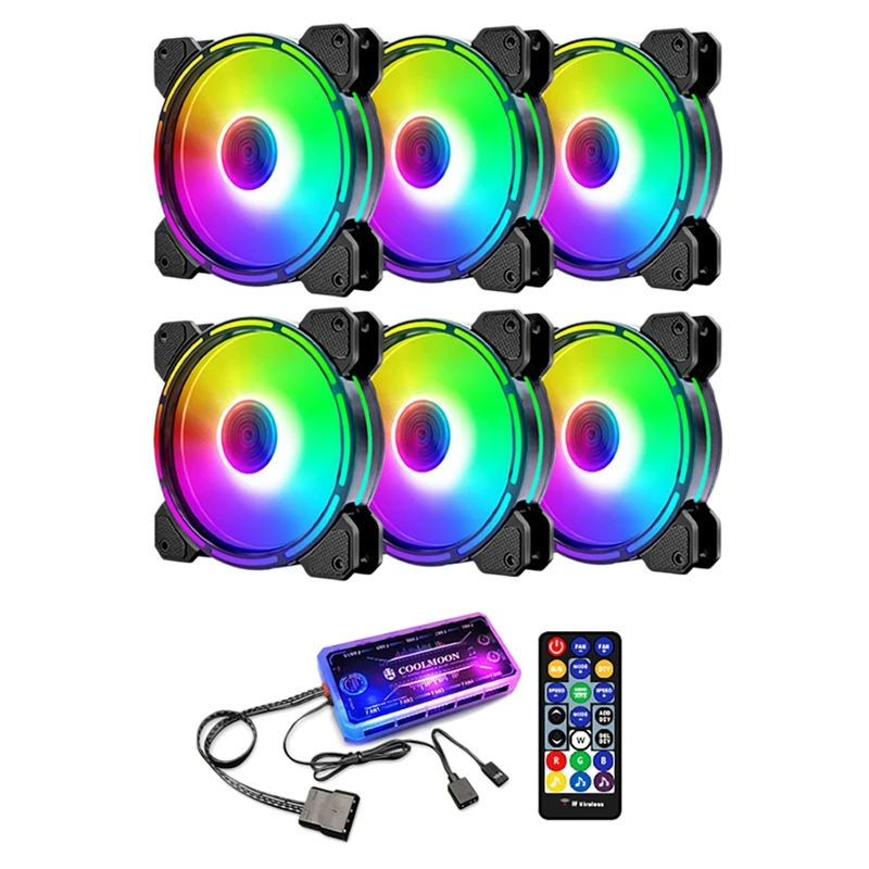 

COOLMOON, 6 шт., RGB чехол для вентиляторов, 120 мм, ультра-тихий RGB, оснащен концентратором пульта дистанционного управления, 5 В, синхронизация с ARGB
