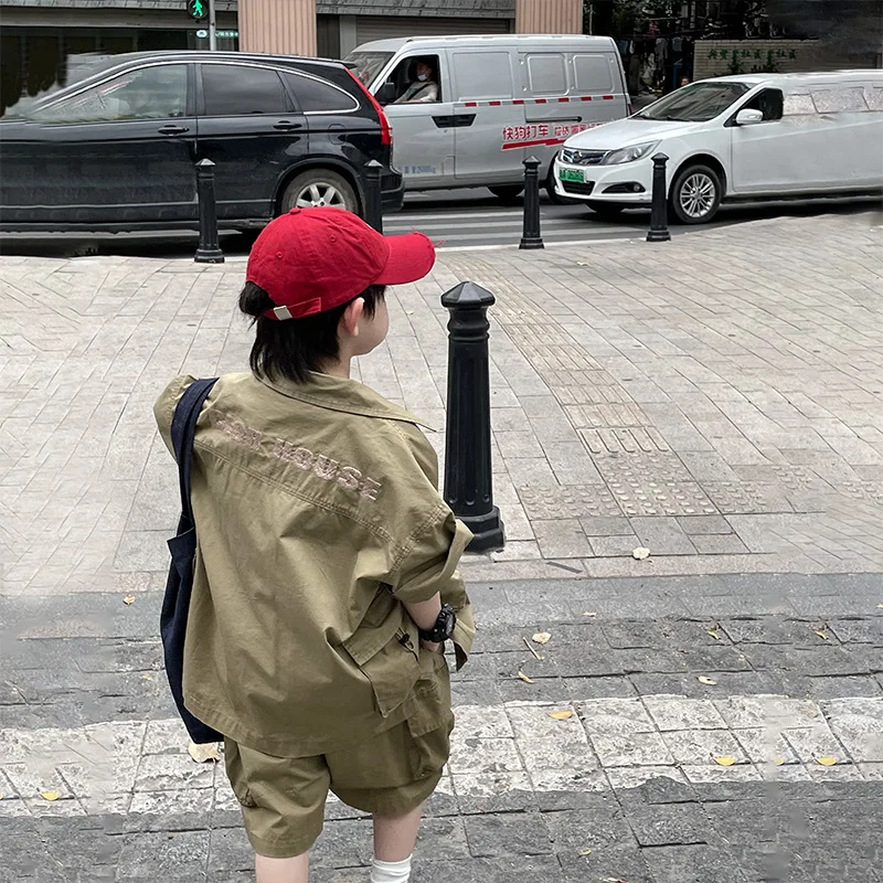 

Boys' Short-Sleeved Suit 2022 Summer Trendy Child Tooling Style Coat Two-Piece Suit Children Korean Trendy Shorts Handsome
