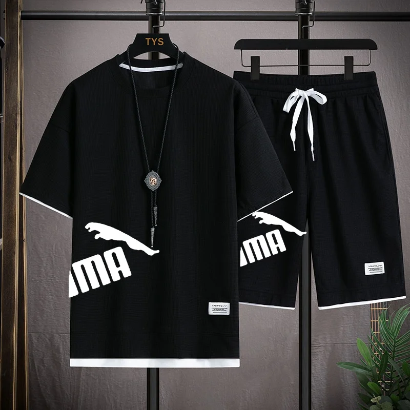 Spring and summer, men's short sleeved T-shirts and shorts, made of waffle material, casual and comfortable, brand new