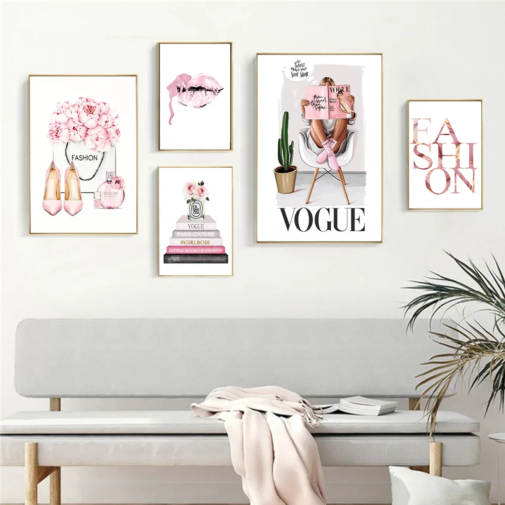 

Fashion Perfume Pink Flower Wall Art Poster Magazine Bag High-heeled Art Print Chic Girl Lips Canvas Painting Modern Home Decor
