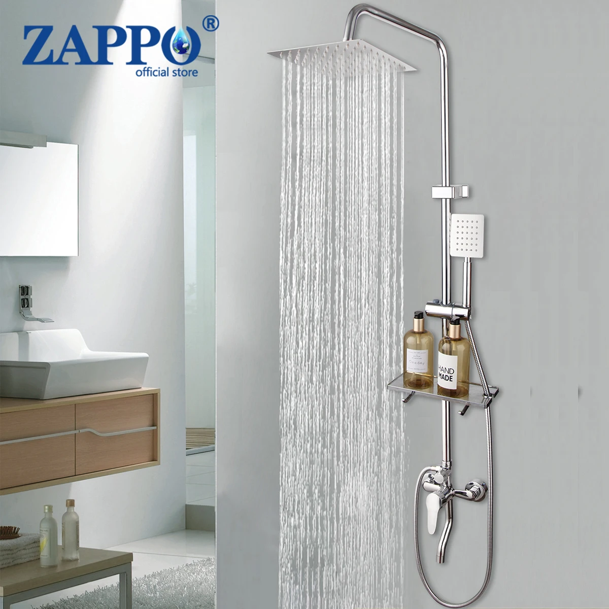 Zappo Wall Mount Ultrlthin Shower Head Chrome Polish Rainfall  Bathtub Mixer Faucet Bathroom Adjust Height  Shower Faucet Set