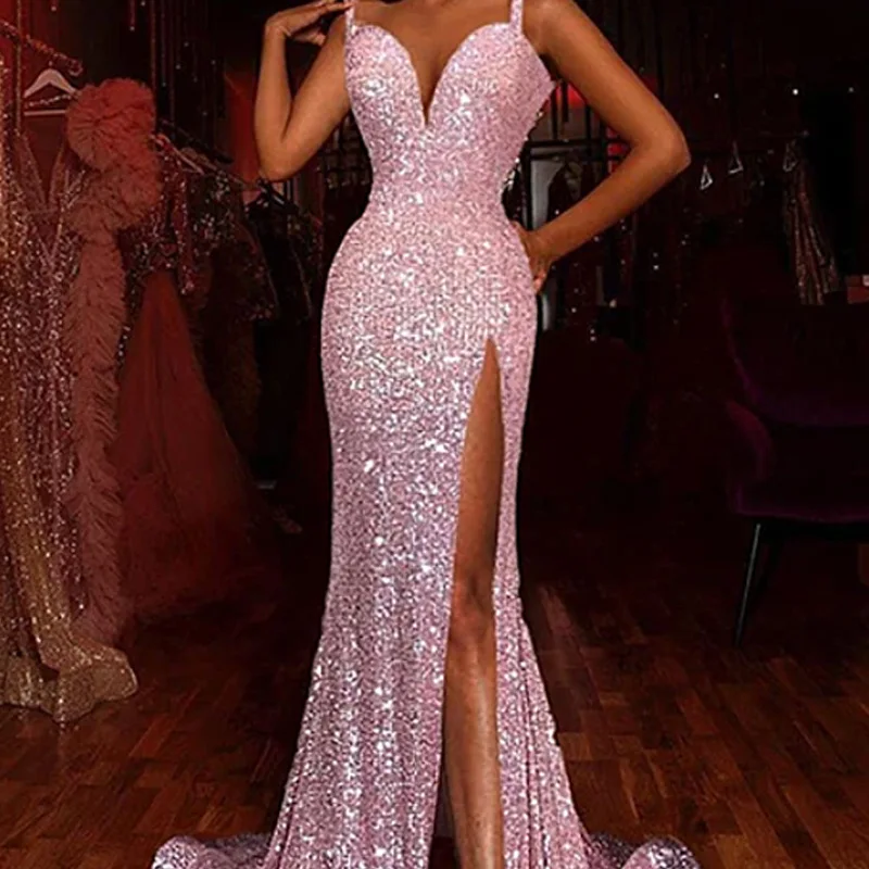 

The New Winter 2023 Women's Elegant High-waisted Sequined Solid Pink Dress Split Sleeveless Sequined Halter Mop Dress