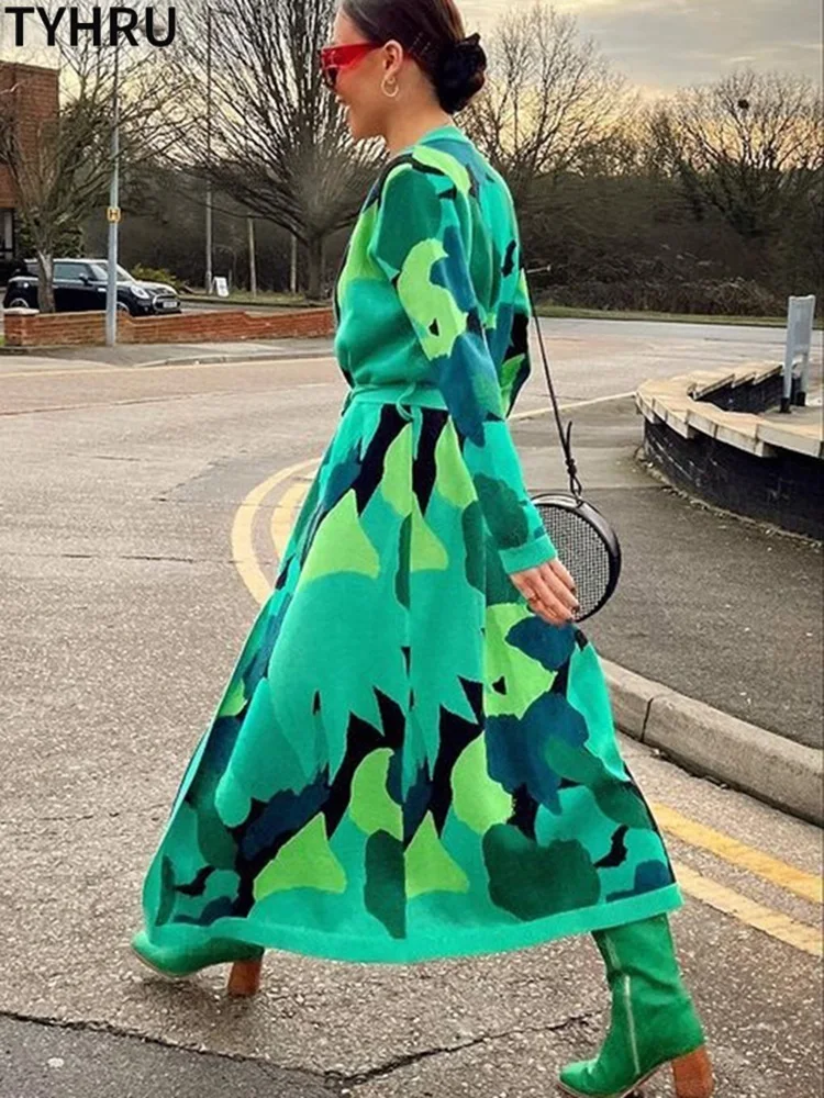 

Модный Зеленый Длинный свитер TYHRU с V-образным вырезом, кардиган для женщин, одежда, осеннее пальто, свободная повседневная Уличная одежда, вязаные топы с поясом