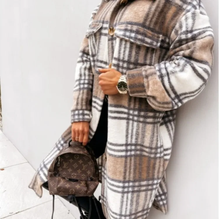 

Женское шерстяное пальто с длинным рукавом, осенне-зимнее твидовое пальто средней длины с принтом в клетку, 2023