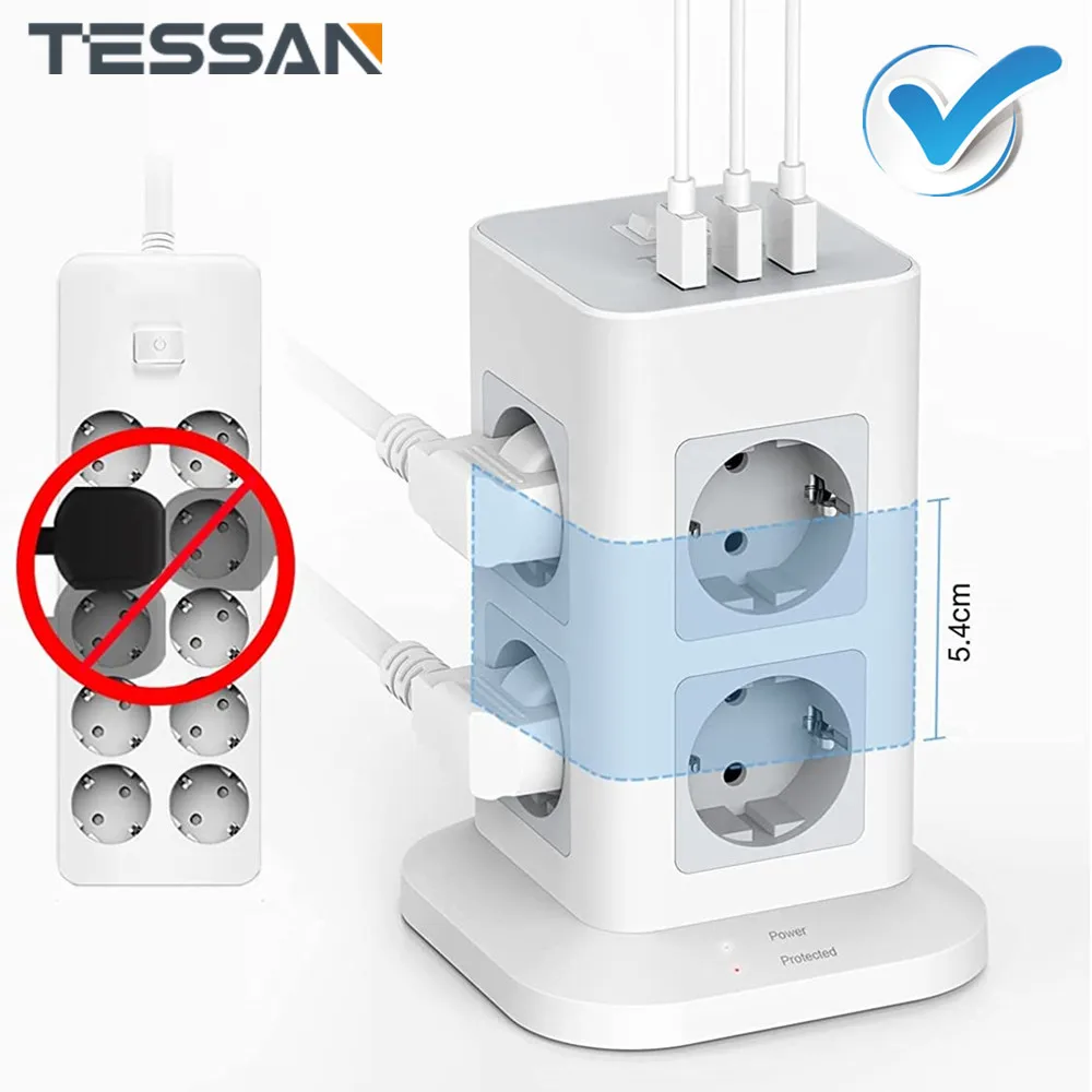 Сетевой фильтр TESSAN Tower Вертикальная Розетка с выключателем 8 розеток 3 USB-порта 2 м