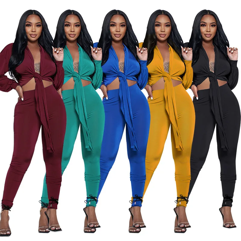 

2023 Fashion Solid Women Two Pieces Set Lace-up Shirt Deep V Neck Long Sleeves Skinny Pants Clubwear Casual Outfits