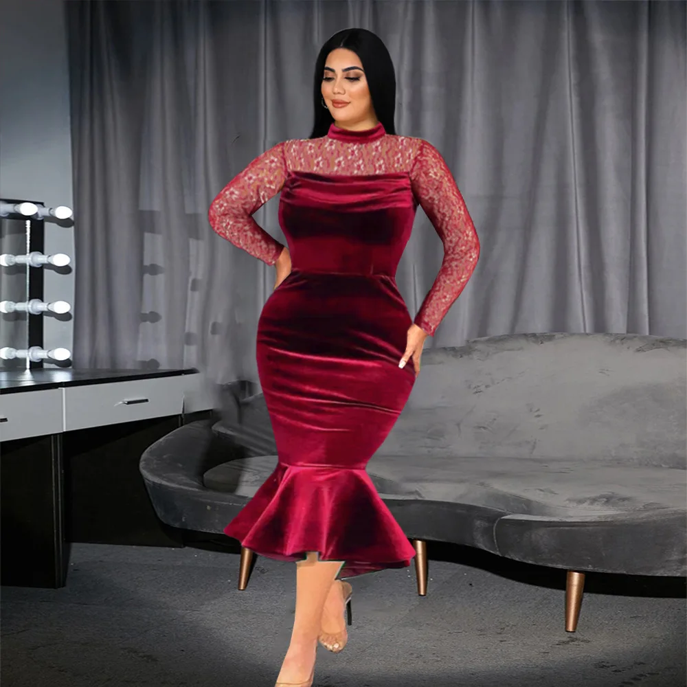 Women Elegant Velvet Dress Burgundy Lace Patchwork Long Sleeve Folds Slim Evening Cocktail Event Party Gowns Mermaid Dresses