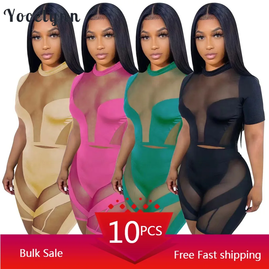Bulk Items Wholesale Lots Sexy 2 Piece Summer Women Sets Patchwork Mesh Sheer Crop Tops and Biker Shorts Party Outfits for Women