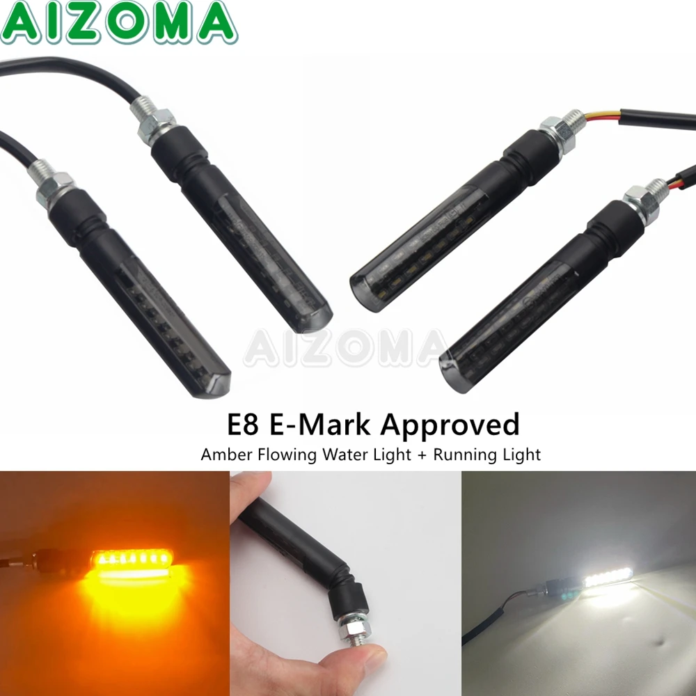 E8 E-mark Motorcycle 8mm Bolt Mini LED Turn Signal Amber Flowing Water Light White Running Blinker Indicator Lamp Accessories