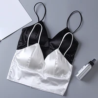 sexy satin crop tops women wireless bralette crochet top female spaghetti strap t shirt cropped with chest padded camisole