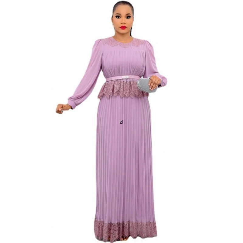 

African Dresses For Women O-Neck Sexy Party Pleated Lace Dress Abaya Tunic Night Club Long Sleeve Maxi Dresses 2022 Summer