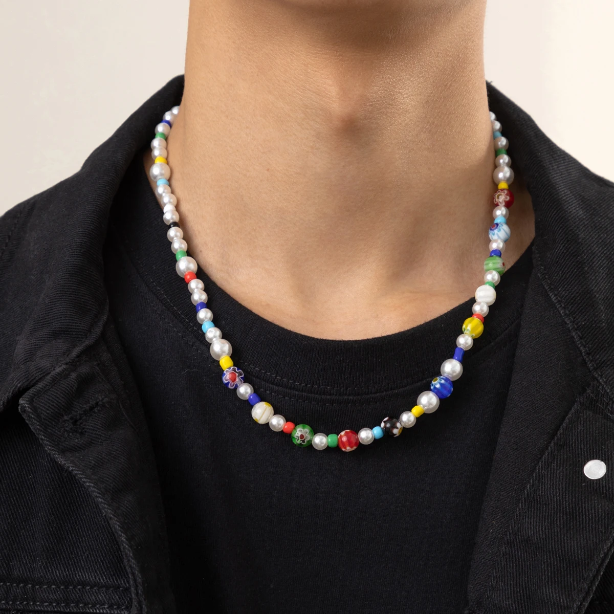 Colourful CCB and Pearl Beads Choker Necklace Men Trendy Beaded Chain Necklace 2022 Fashion Jewelry on the Neck Accessories Male