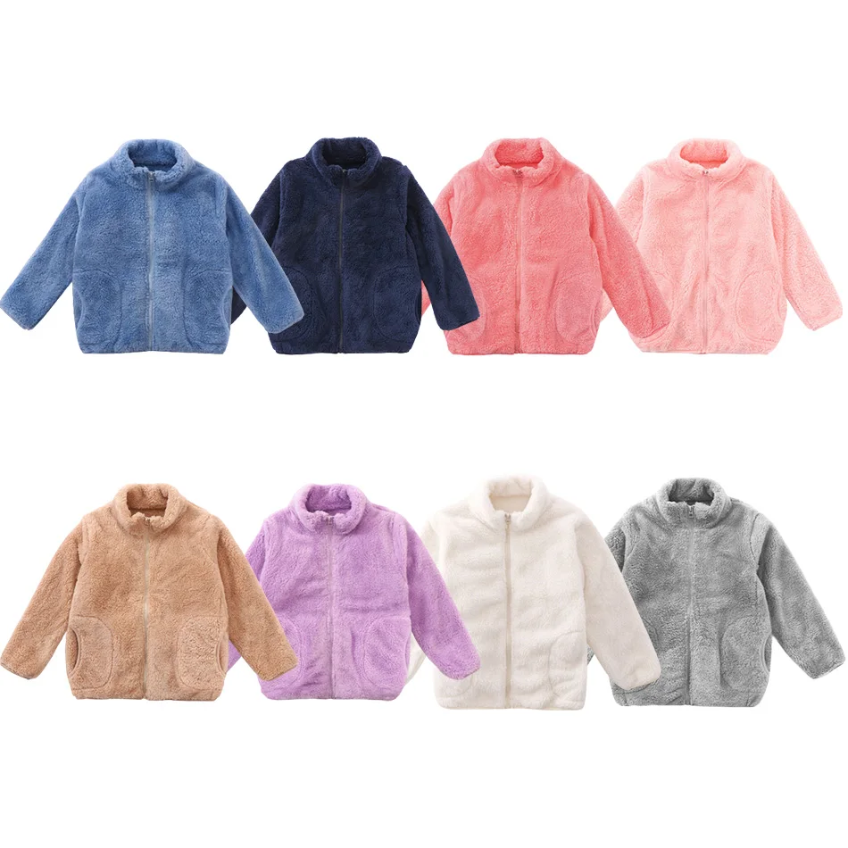

Children's Double-Sided Coral Velvet Outerwear Children's Clothing Lapel Long Sleeve Pocket Cardigan Plush Thickened Warm Top