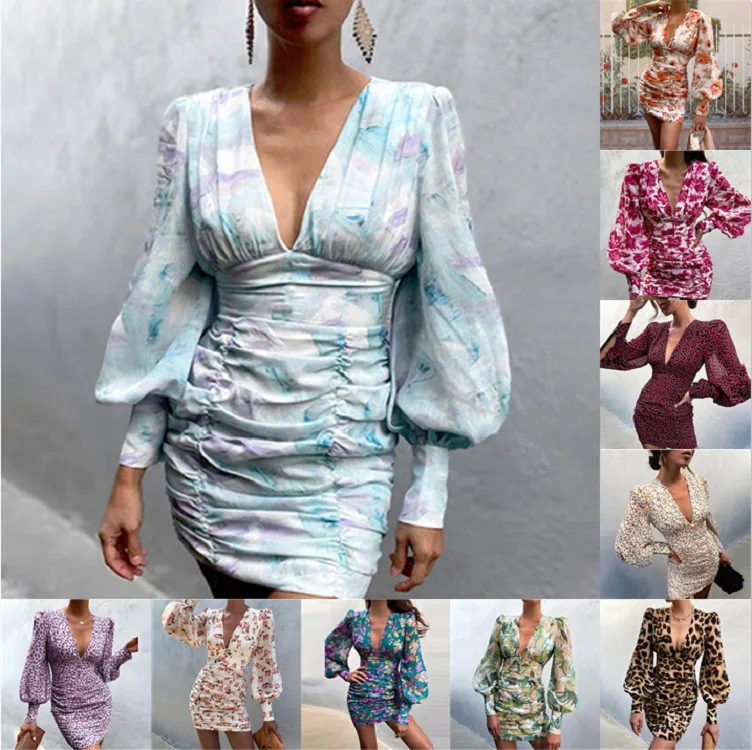 

2022 New Print Deep V Lantern Sleeve Pleated Commuter A-line Dress