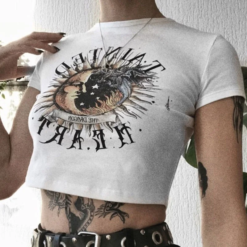 

Vintage Harajuku Street Tainted Moon Print T-Shirt Women's Gothic short sleeve Aesthetic Casual Crop tops Summer Short Y2k tops