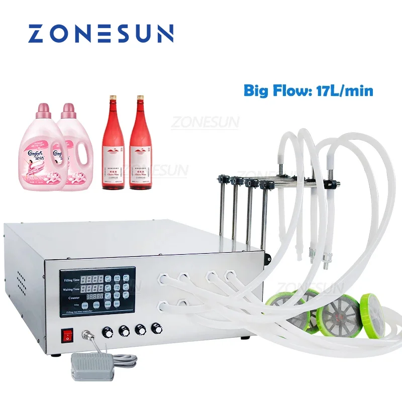 

ZONESUN Liquid Filling Machine Semi-Automatic 4 Nozzle Big Flow Filler Palm Oil Lotion Shampoo Filler Detergent Production