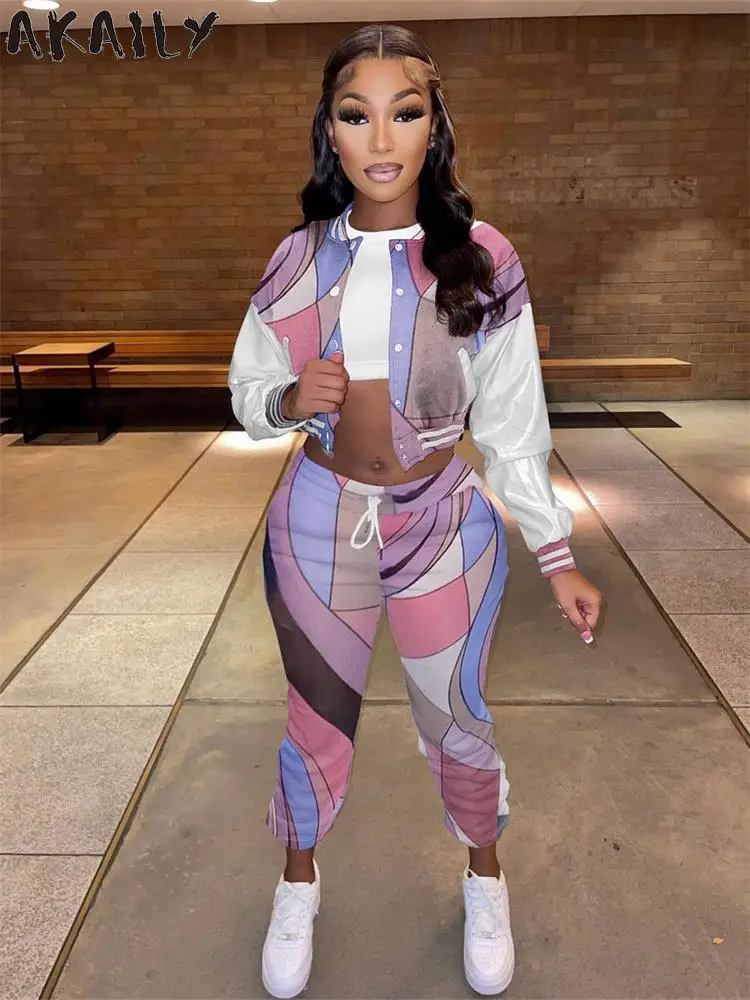 

Akaily Pink Print 2 Two Piece Sets Women Matching Set Fall Outfits 2022 O Neck Long Sleeve Tops And Pants Set Female Streetwear